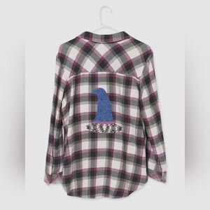 Flannel Plaid Embelleshed Shirt with Witch Hat Applique